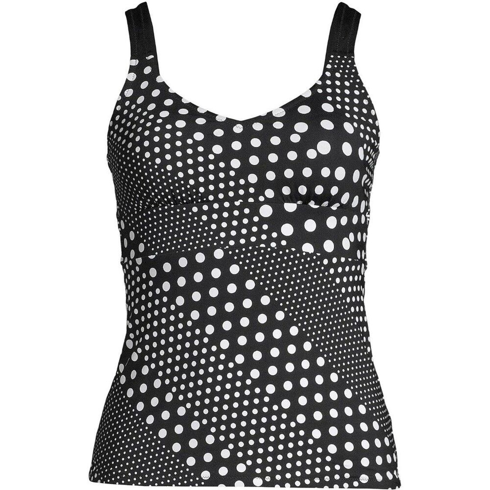 Lands End Reversible V-Neck Tankini Top Black/Black Diagonal Dot Soft Cup Size 8